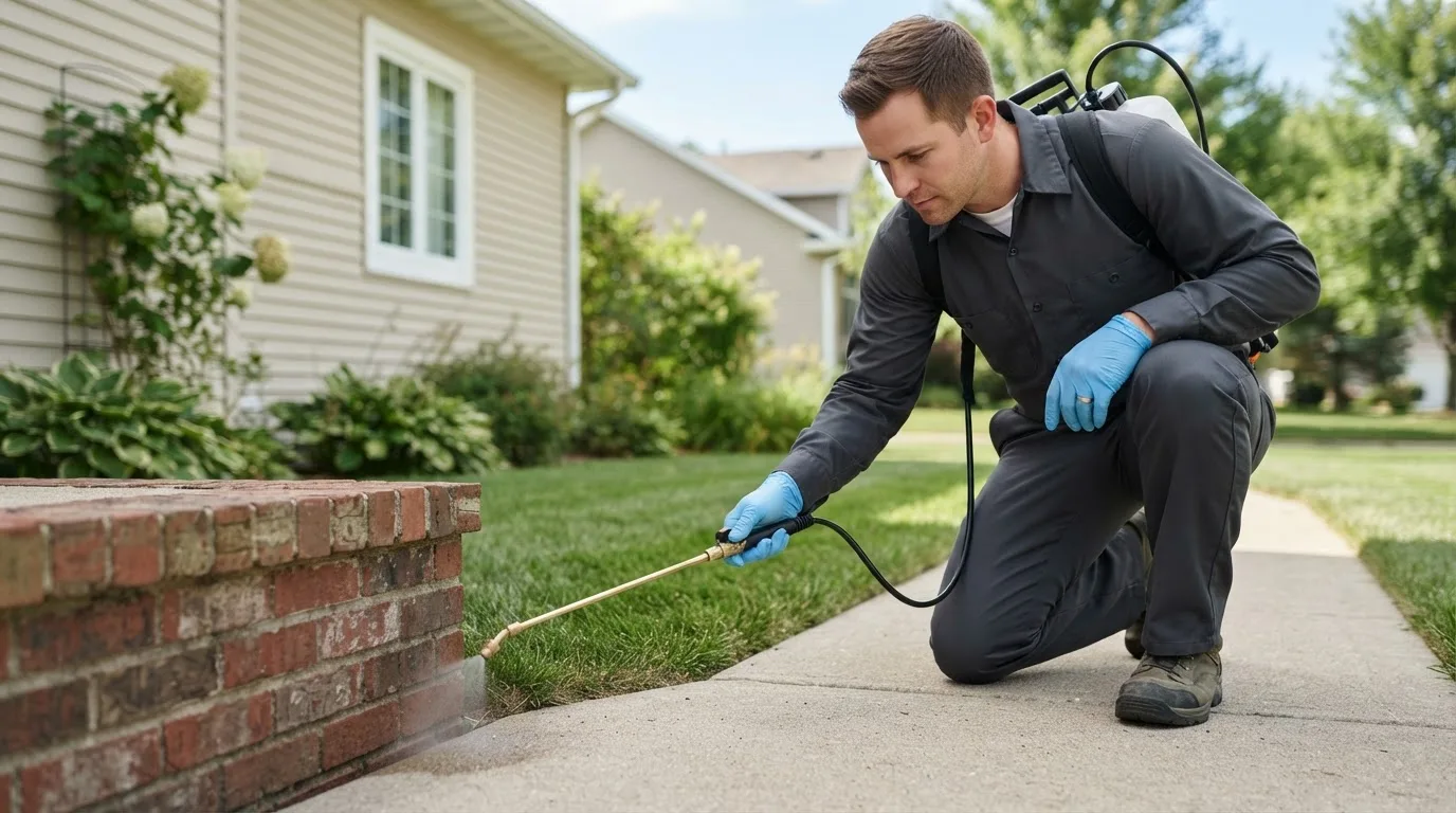 Pest control technician treating a home near Middlebury, VT